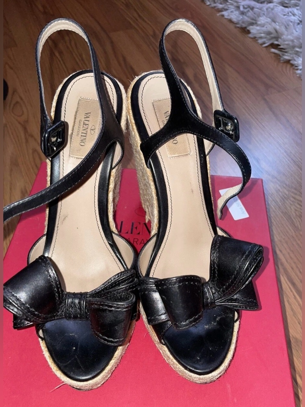 Valentino Black Leather Bow Espadrille Wedge Sandals EU39.